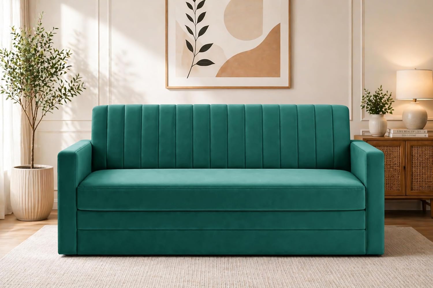 Modern Velvet 3-Seater Sofa Cum Bed with Armrest, Convertible Sleeper Couch Sofa for Living Room, Bedroom & Office - Green Color-image-23