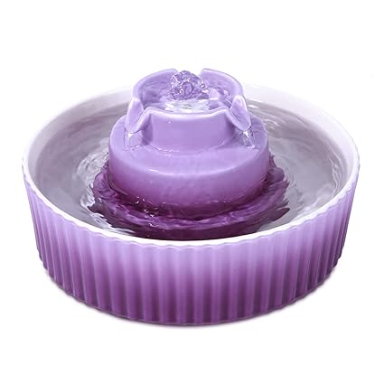 Hsbao Cup Cake Ceramic Cat Fountain, Ceramic Pet Drinking Fountain Cat Water Dispenser with 3 Activated Carbon Filter and Sponge Foam Pre-Filter (Purple)