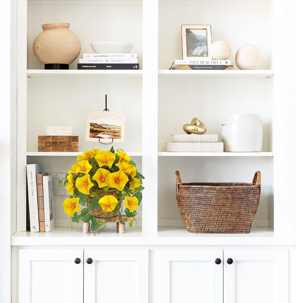 Briful 2 Pack Fake Morning Glory with Handwoven Basket - 8.2" Yellow Faux Potted Flowers Silk Floral Table Centerpiece for Home Office Room Shelf Desk Decor