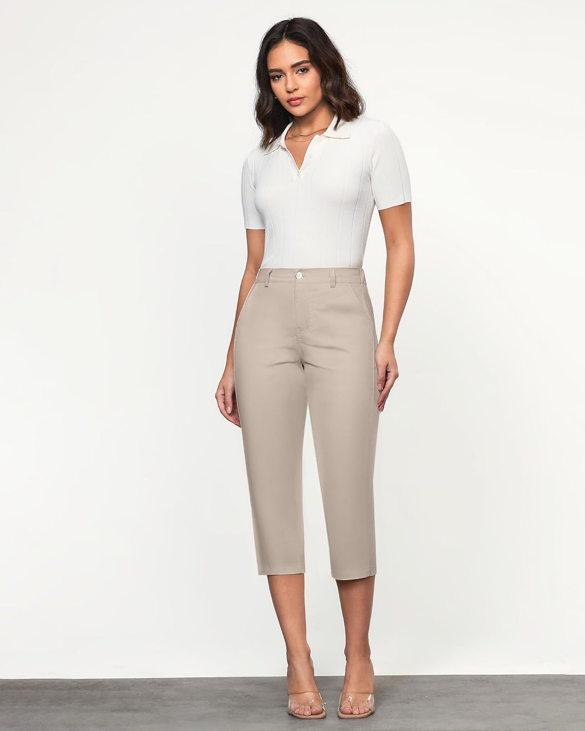 GRAPENT Capri Pants for Women Summer High Waisted Cotton Elastic Waist Dressy Casual Office Work Capris Trousers Pants - Image 3