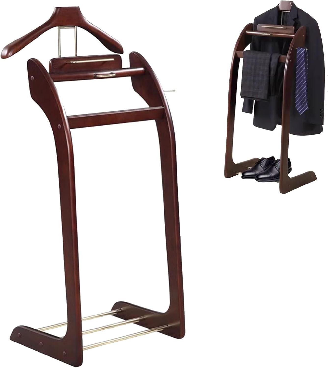 Versatile Suit Stand for Men Wooden Valet with Storage Tray Trouser Bar Tie Hooks 66lbs Capacity Space-Saving Office Dressing Room
