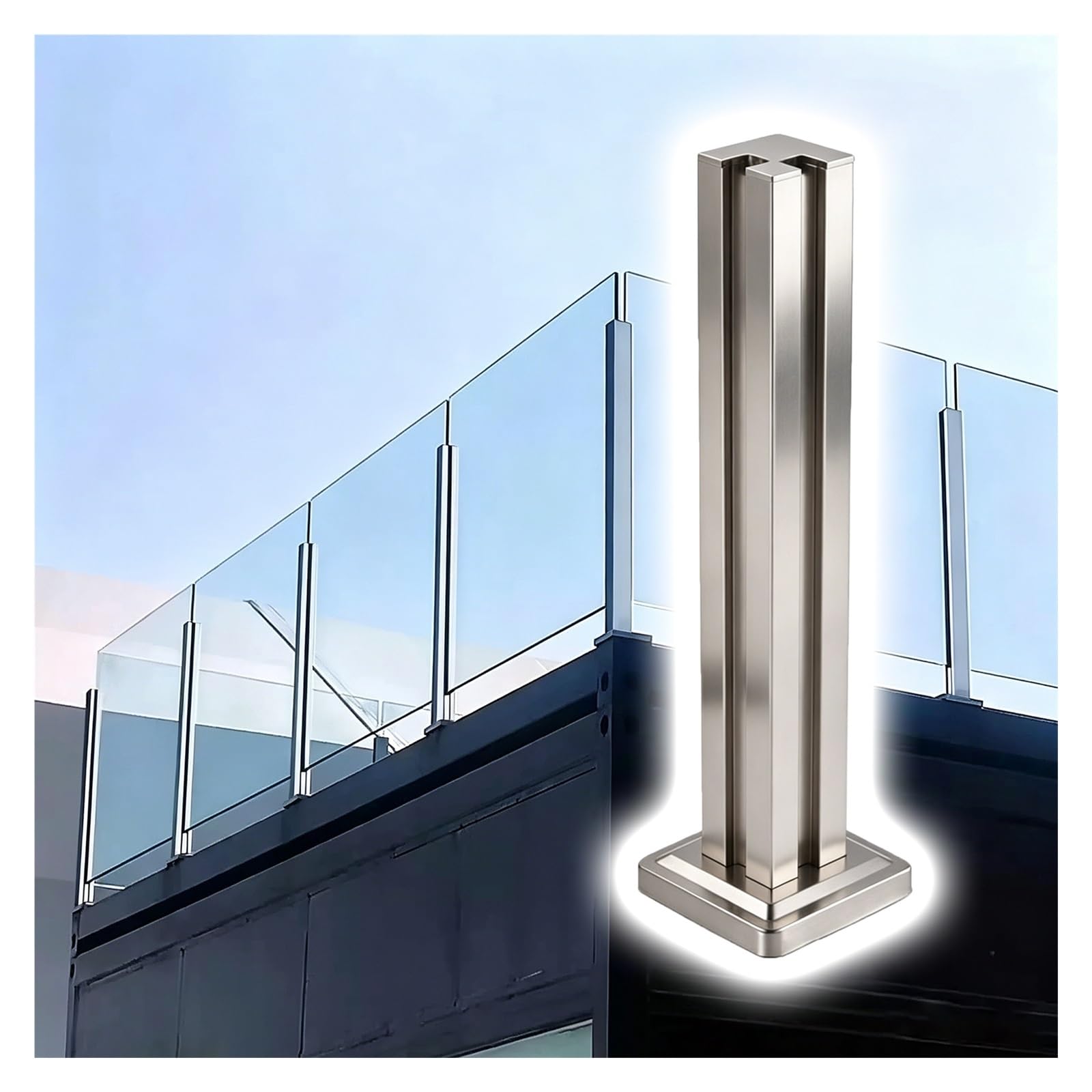 ZJKXJH Stainless Steel Glass Slot Post, Deck Balustrade Post Fits 10–12 mm Glass, Corner Slot Balcony Deck Railing Post for Balcony/Patio Fence(Corner Post-Silver,H-115cm/45.3in)