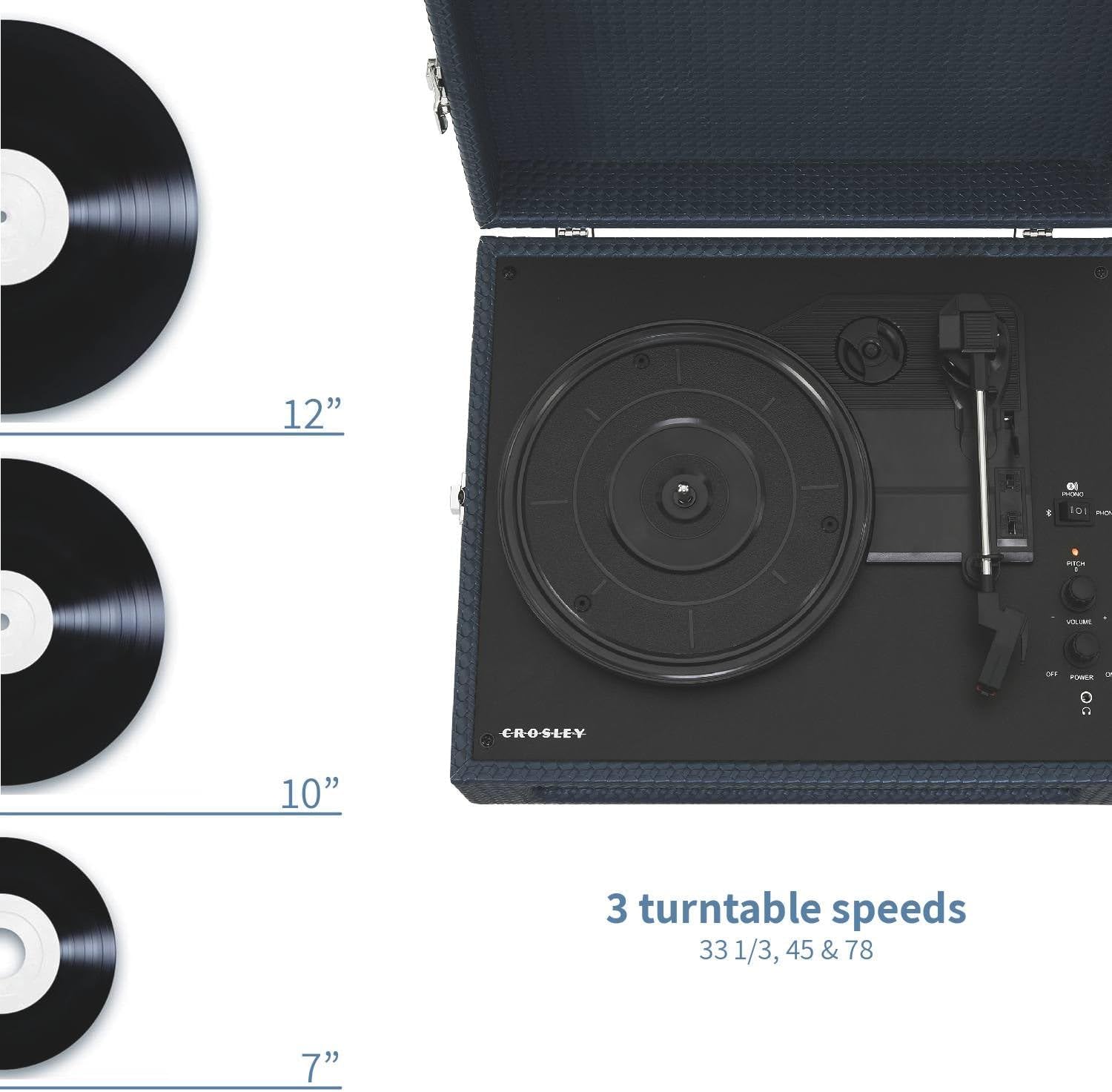 Crosley Voyager Portable Turntable - Bluetooth Record Player, 3-Speed Suitcase Vinyl Player, Home Turntables for Vinyl Records, Built in Stereo Speakers & Bluetooth Receiver, AUX Input, Navy Blue