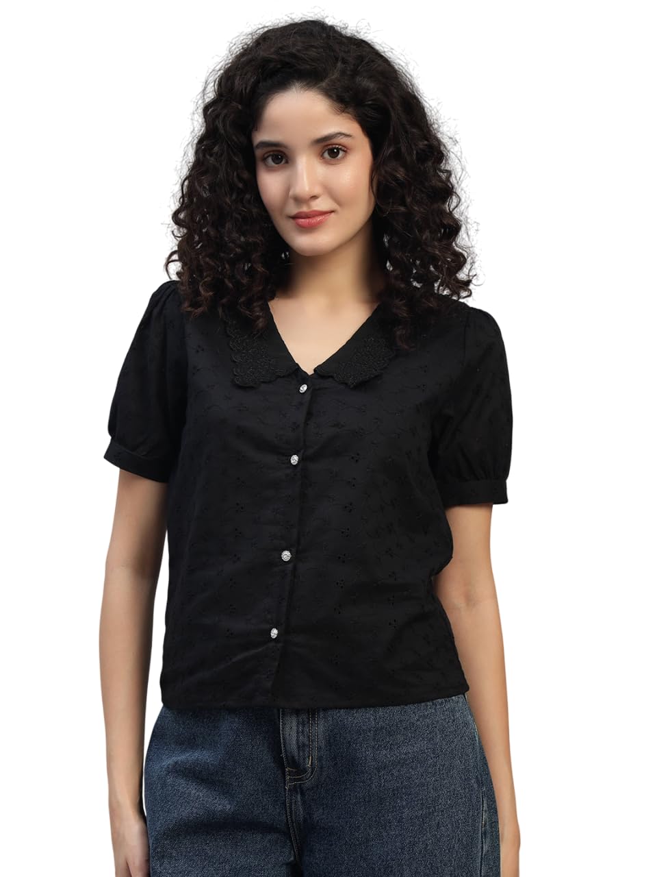 shahveer creation Women's Black Textured Button-Down Top with Lace Collar, Short Puff Sleeves, V-Neck-picture-34