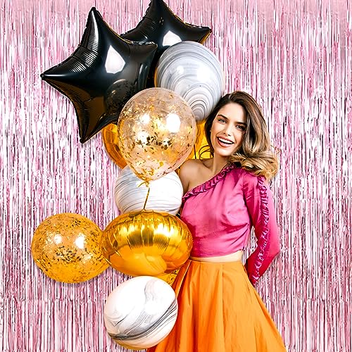 Image of 6 Pack Pink Foil Fringe Curtain Backdrop, 3.28Ft x 8.2Ft Metallic Tinsel Foil Fringe Streamer Curtains for Photo Booth, Christmas Day, Thanksgiving, Wedding, New Year Party Decorations