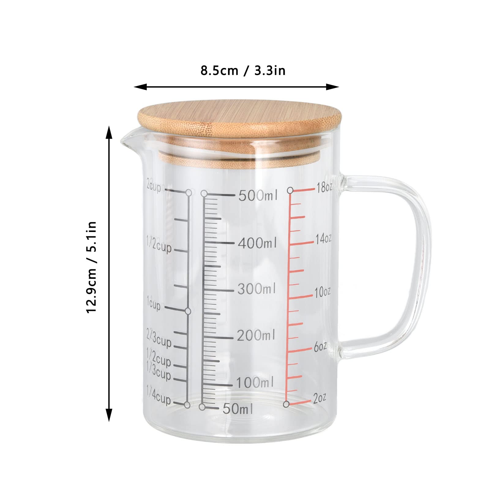 Pichet doseur en verre, tasses à mesurer, tasse à mesurer en verre avec couvercle, en verre doseur à haute teneur en borosilicate, facile à lire, buse en forme de V, tasses à café en verre borosilicat