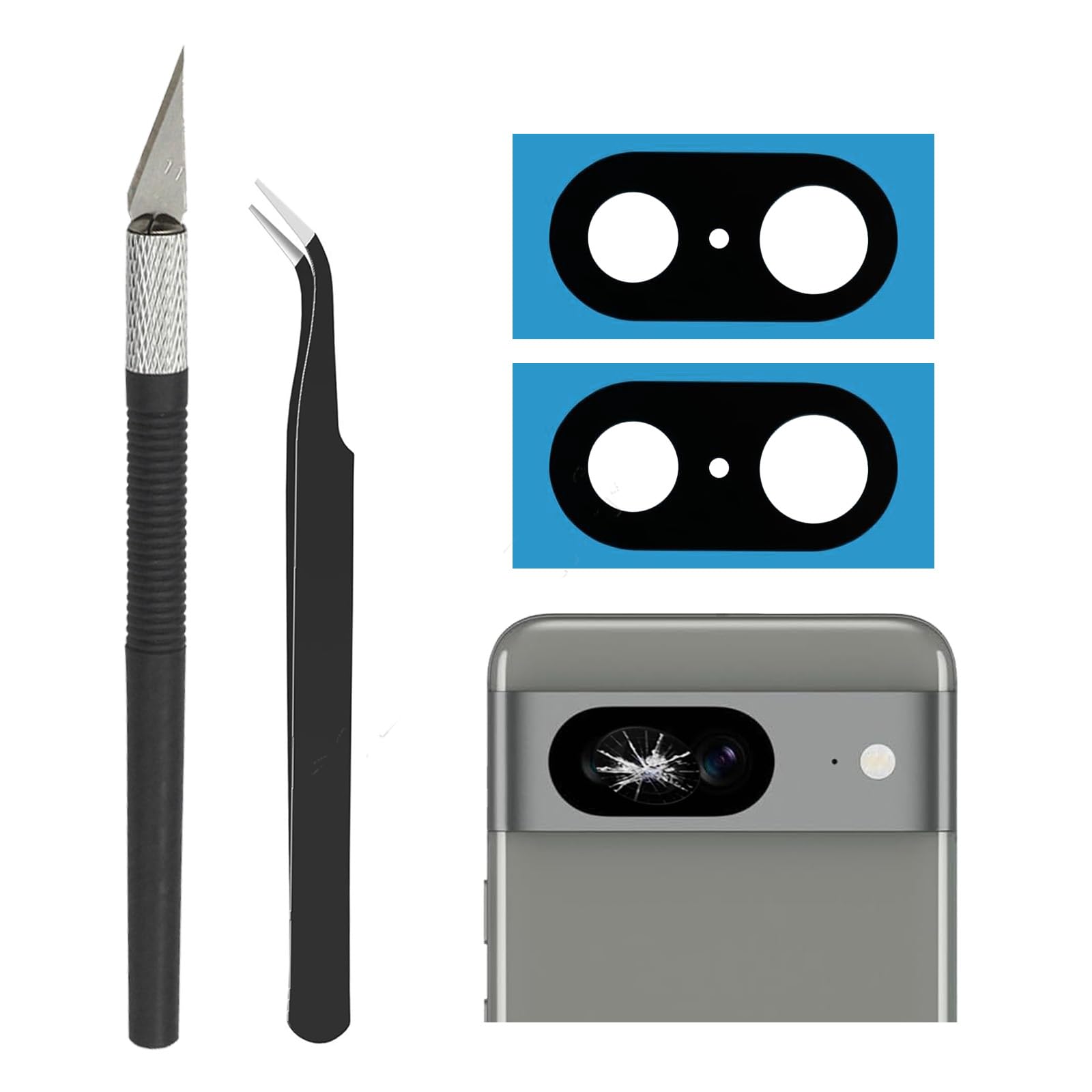 2 Sets Cemobile Rear Back Camera Lens Glass Replacement for Google Pixel 8 with Pre-Installed Adhesive and Repair Tool Kit