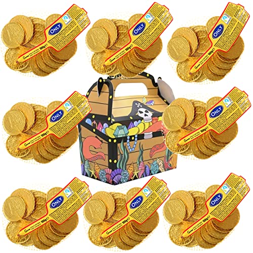 OYOY 8x 100g Goldmünzen aus Milchschokolade I + gratis Piratenbox I 8x 12-14 Stück I Fair Trade Kakao I Ideal als Mitgebsel und für Kindergeburtstage Cover