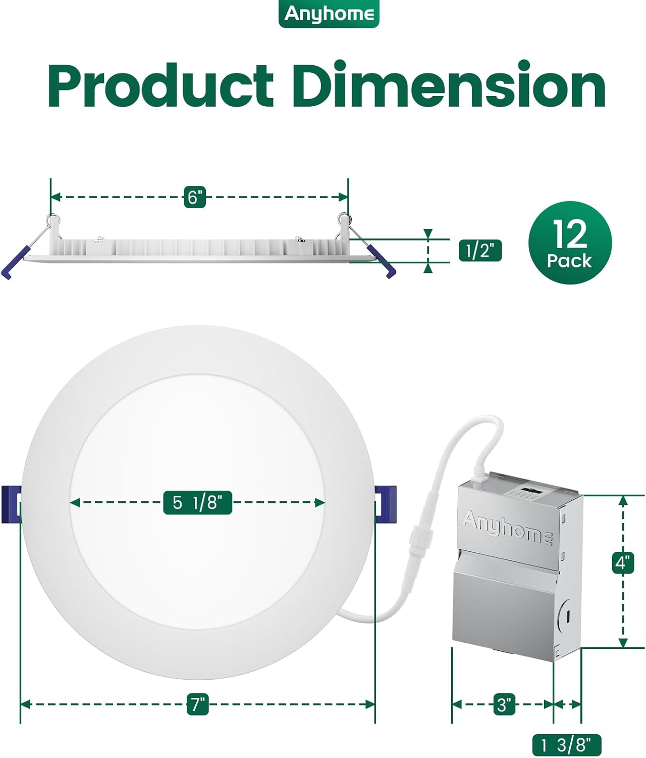 12 Pack Led Canless Recessed Lights 6 Inch,Dimmable Recessed Lighting Ultra-Thin 2700K-5000K 5CCT,13W 1150LM, with Junction Box,ETL& ES