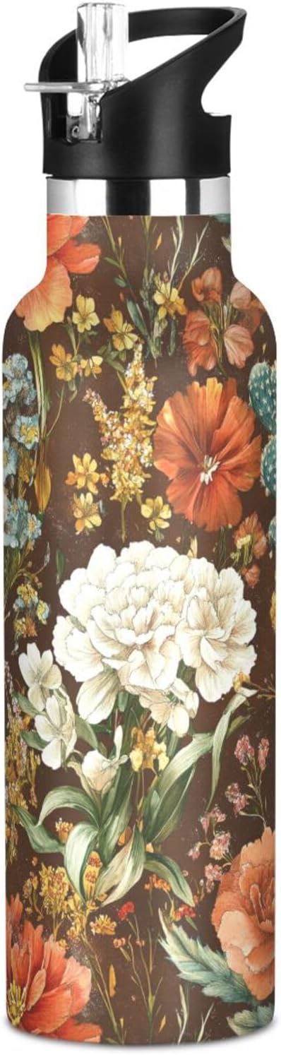 Autumn Flowers Carnation Cactus Amaryllis Brown Leak Proof & BPA Free Sport Insulated Water Bottle With Straws Leak-proof Double-Wall Insulation for