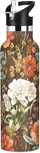 Autumn Flowers Carnation Cactus Amaryllis Brown Leak Proof & BPA Free Sport Insulated Water Bottle With Straws Leak-proof Double-Wall Insulation for