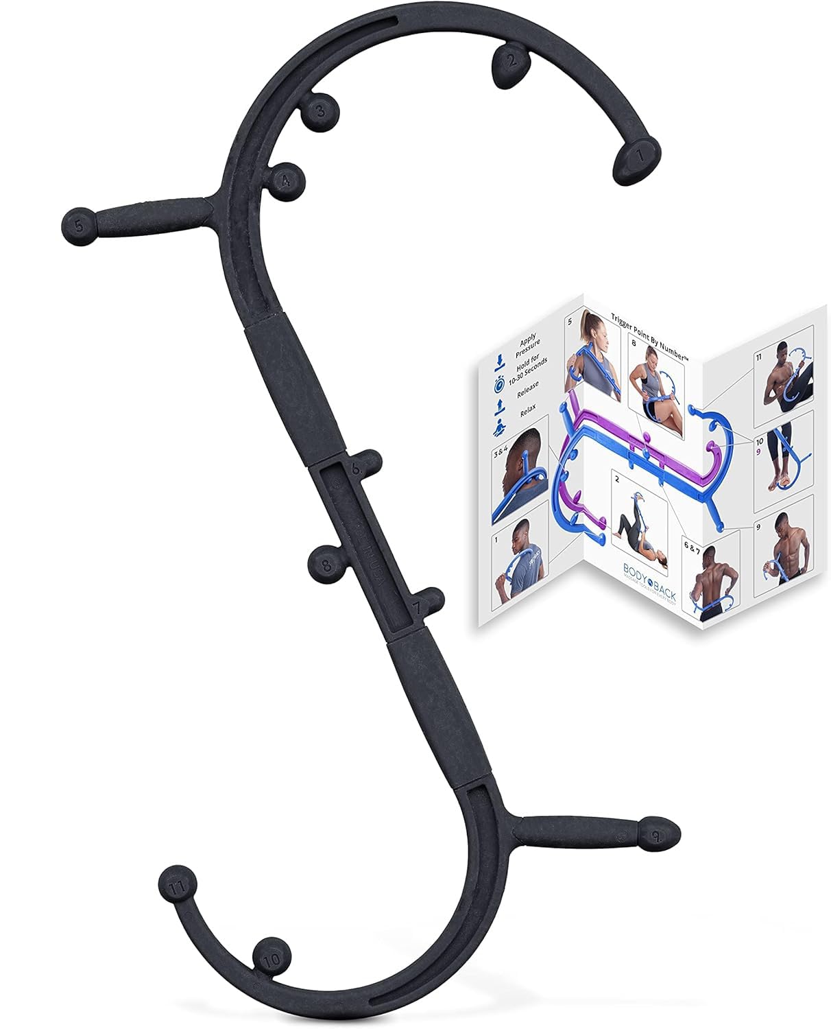 Body Back Buddy Trigger Point masażer pleców z plakatem, łagodzenie bólu mięśni całego ciała, ręczny kij do masażu, laska do masażu, instrukcja w zestawie (czarny)