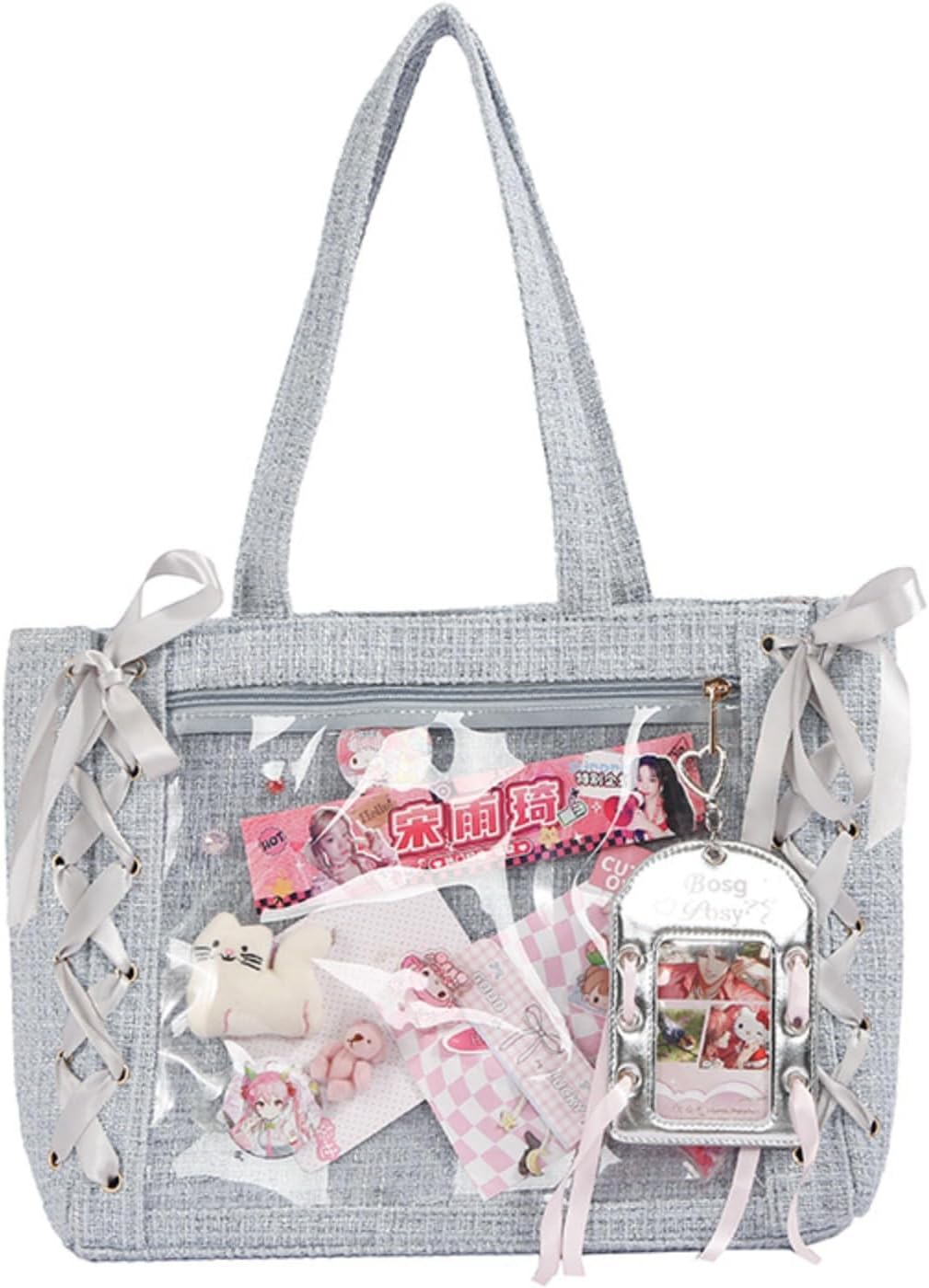 Ita Bag Satin Ribbon Lace Up Clear Window Tote, Anime Kpop Shoulder Handbag For Idol Photocard BadgeDisplay