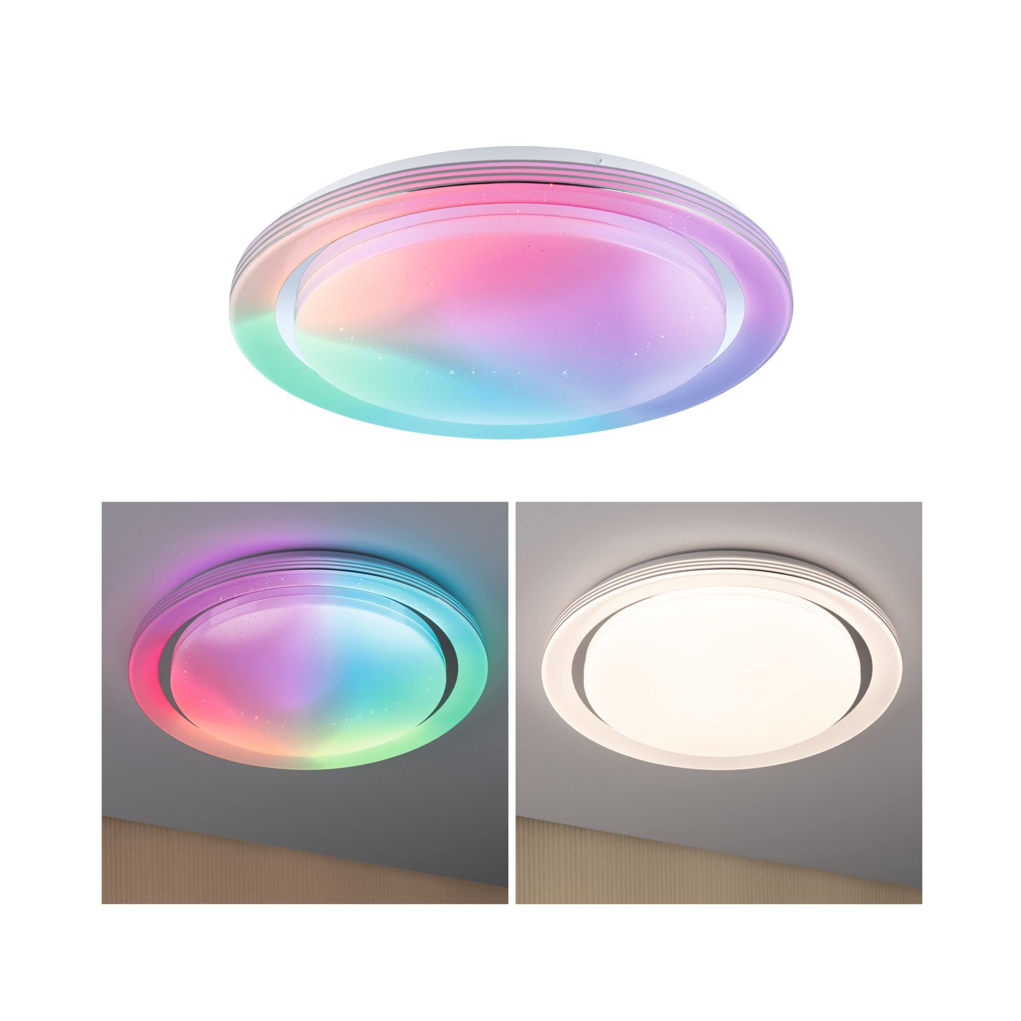 Paulmann 70547 LED Deckenleuchte Rainbow mit Regenbogeneffekt incl. 1x38,5 W dimmbar dynamicRGBW Farbsteuerung Chrom, Weiß Kunststoff, Metall 3000 K