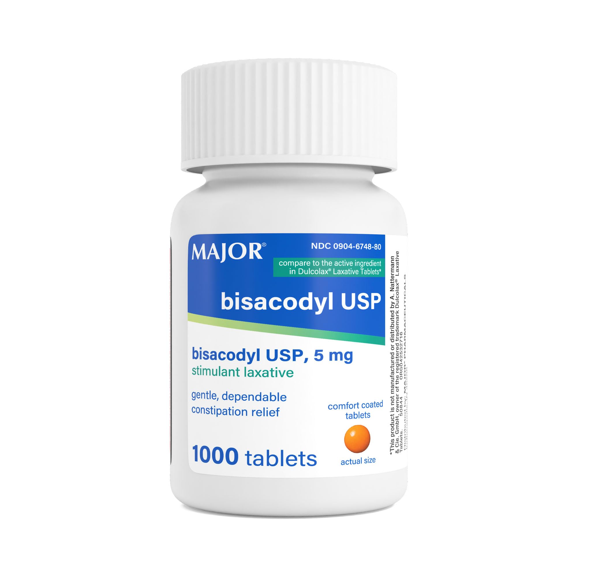 MAJOR Bisacodyl 5 mg - Comfort Coated Stimulant Laxative for Gentle, Dependable, Constipation Relief - 1000 Tablets (1 Pack)