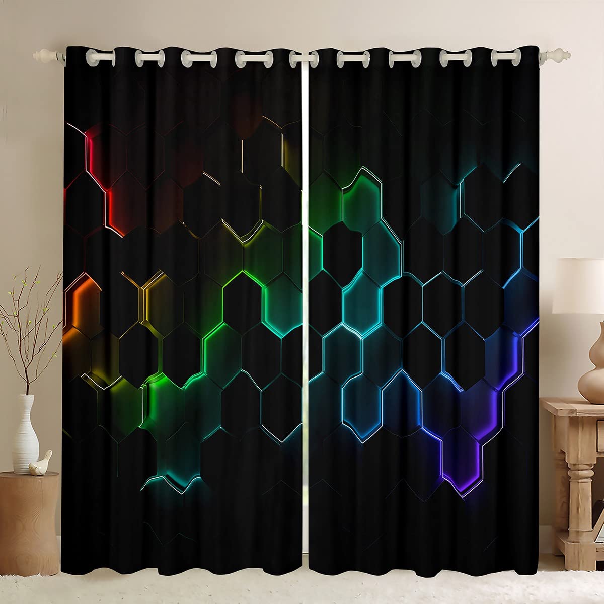 Homemissing 3D Honeycomb Curtains for Bedroom Rainbow Hexagonal Window Treatment Beehive Window Drapes Abstract Soft Decor Window Draperies for Kids Boys Girls Adults W46*L54