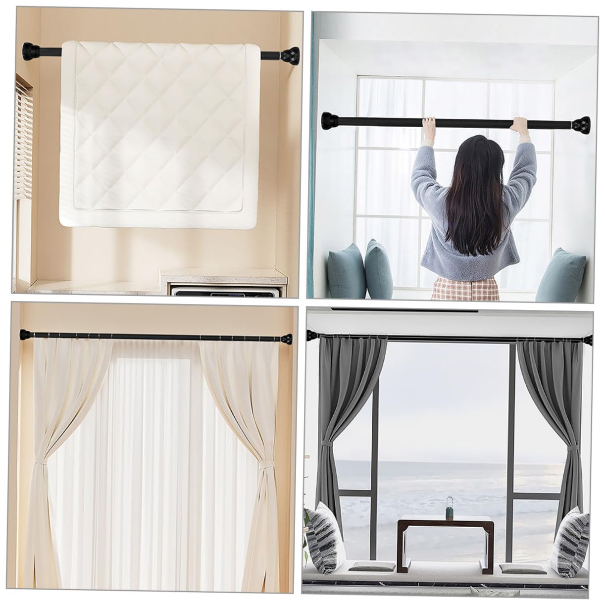 GALPADA 2 piezas Barra de Tensión Extensible para Ropa y Cortinas sin Taladro Ajustable para Baño Armario Dormitorio y Balcón Negro