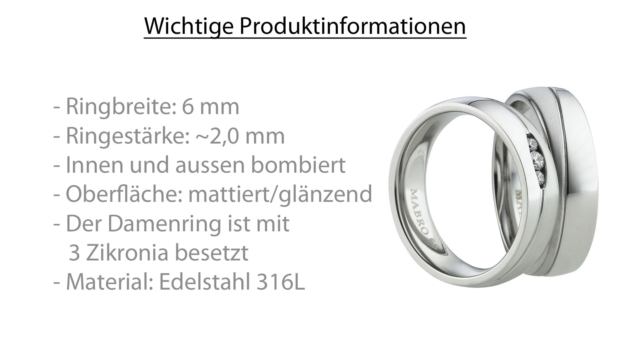 Paar Partnerringe & Eheringe aus Edelstahl 316L 6 mm – Freundschaftsringe mattiert & glänzend – Damenring mit 3 Zirkonia – innen & außen bombiert – Gravur möglich – Ringpaar Gr. 48 -74 |AB2012