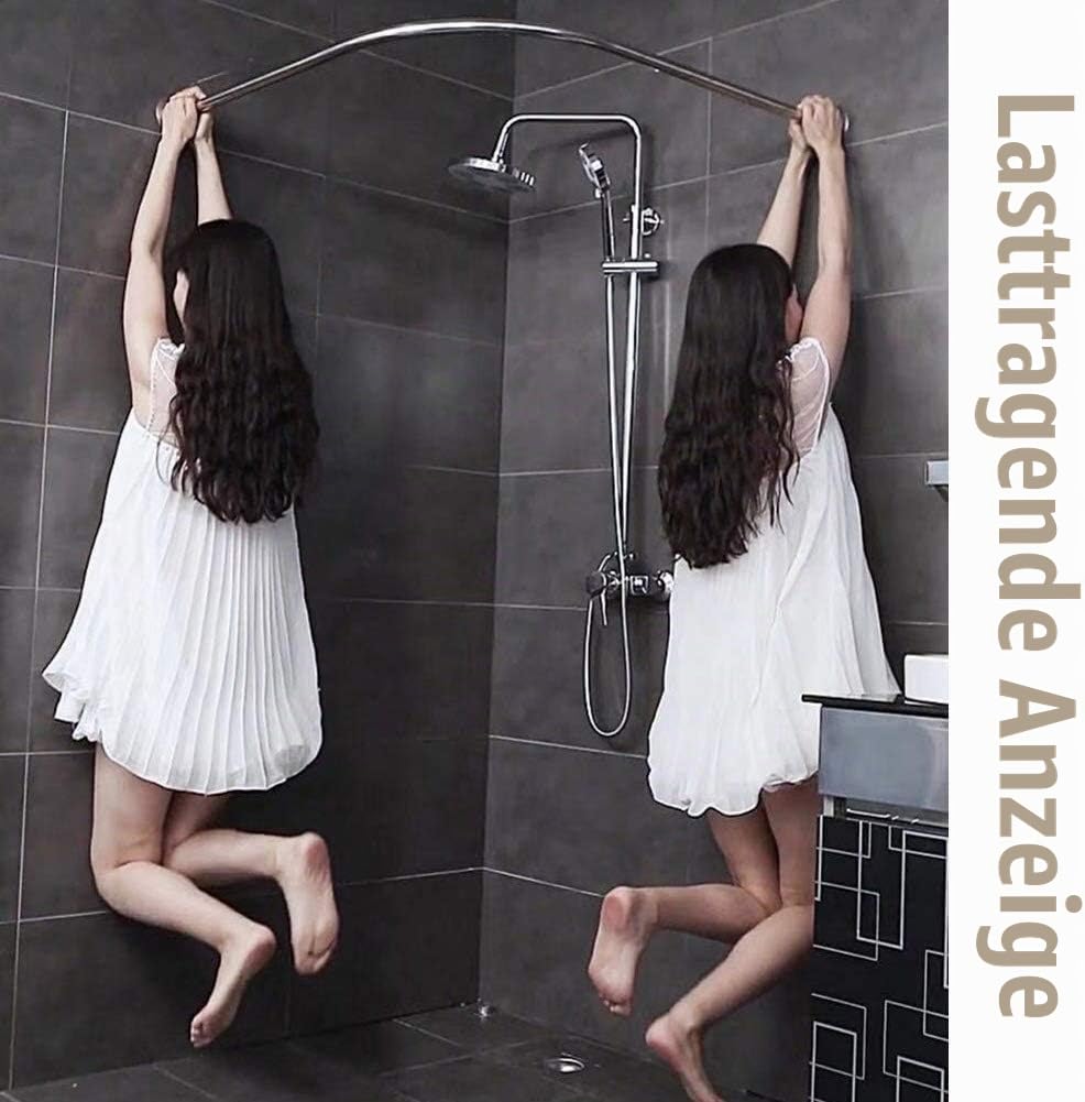 L Shaped Curved Shower Curtain Rod No Drilling for Bathroom Bathtub Corner Adjustable Extendable Bath Curtain Rail Bar Pole with Waterproof Curtain (Size : 70 to 95 x 70 to 95cm)