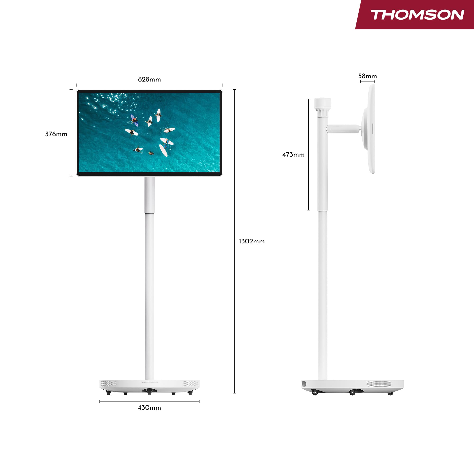 THOMSON Go Plus Pro Pantalla Táctil Inteligente 27 Pulgadas (69 cm) FHD, Android, Control por Voz, Hotspot, Cámara 5MP, Subwoofer, WiFi 6, Bluetooth, Batería 4 Horas, Soporte Portátil - Blanco