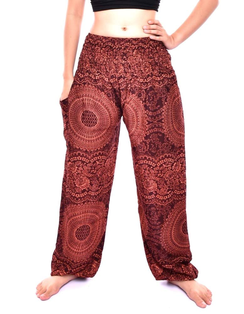 Bohotusk Womens Harem Pants Baggy Hippie Boho Patterned High Waist Smocked Waist for Girls with Pockets Lounge Trousers for Yoga Summer Beach Sizes UK 8 to 20 Donation to Born Free