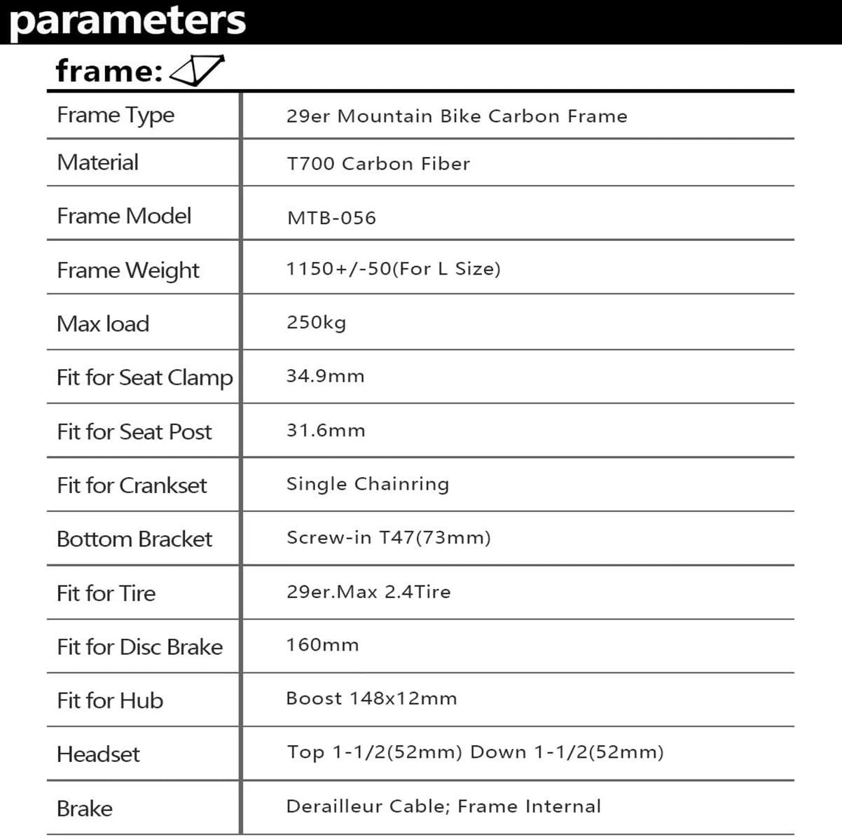 29er Carbon Fiber Hardtail Frame 41.5/44/49/54cm Mountain Bike Frame XC Cyclocross Disc Brake Frame Thru-Axle Boost 12x148mm BSA BB73mm Internal Routing
