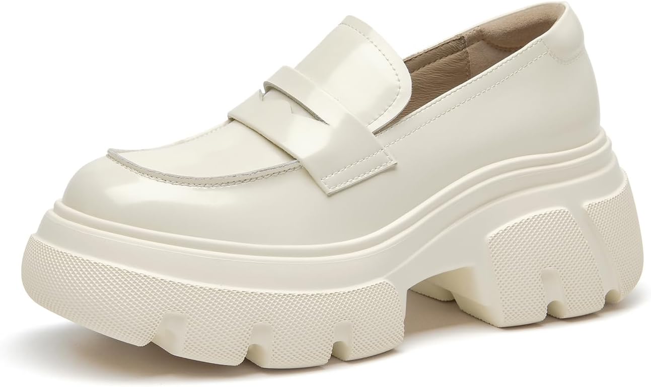 BEAU TODAY Platform Penny Loafers for Women, Women’s Leather Chunky Heel Slip-on Loafers, Non-Slip Design, Comfortable Business Casual Round Toe Loafer Shoes