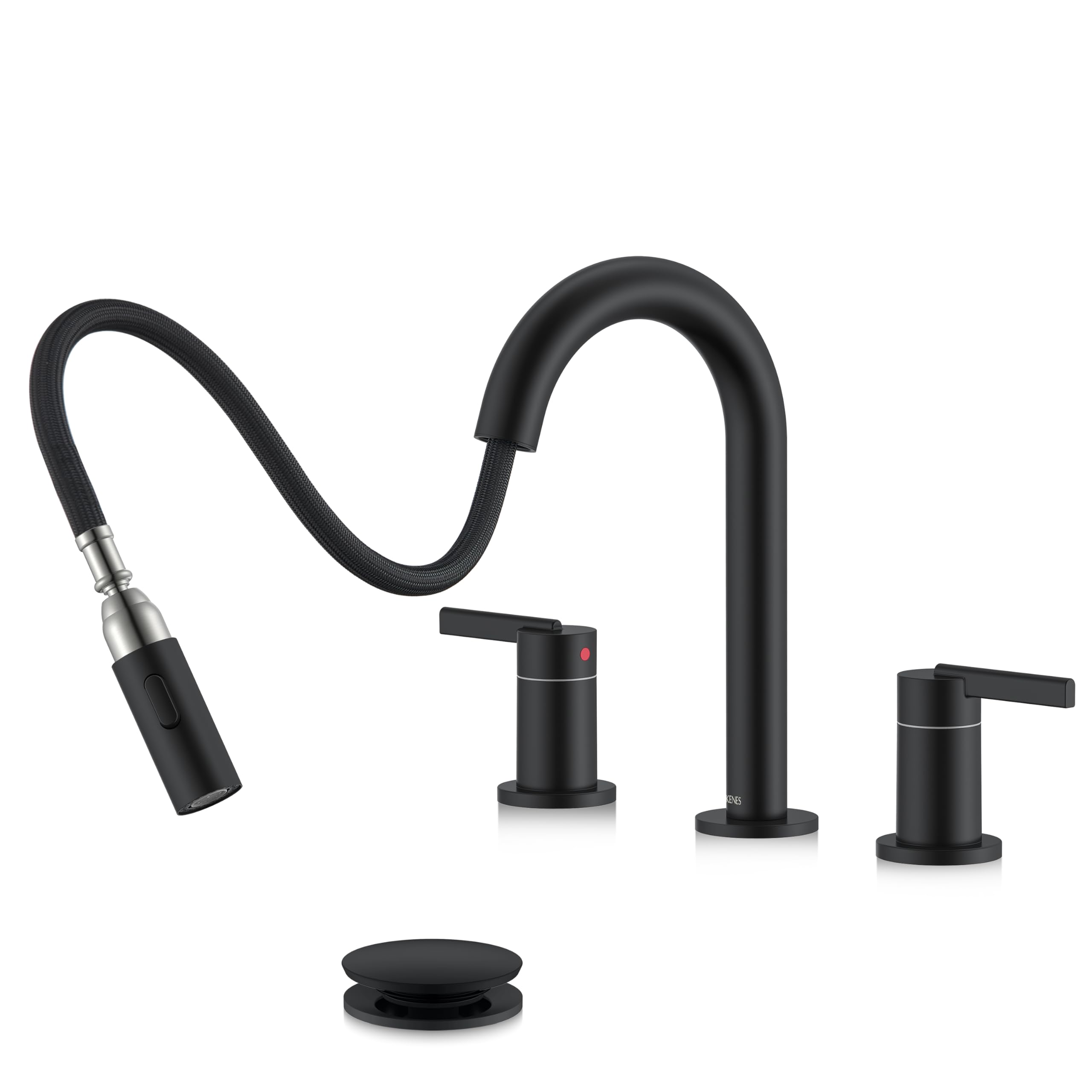 Photo 1 of KENES Matte Black Pull Out Bathroom Faucet, 8 Inch 2 Handle Widespread Bathroom Faucet 3 Hole with Pull Down Sprayer, Bathroom Sink Faucet with Pop Up Drain & Supply Lines LJ-9068-2