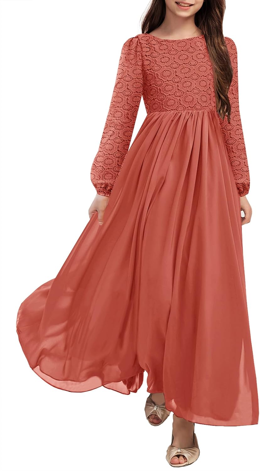 HOSIKA Girls Long Sleeve Maxi Dress Vintage Chiffon A-Line Formal Junior Bridesmaid Dresses for Fall Wedding Party
