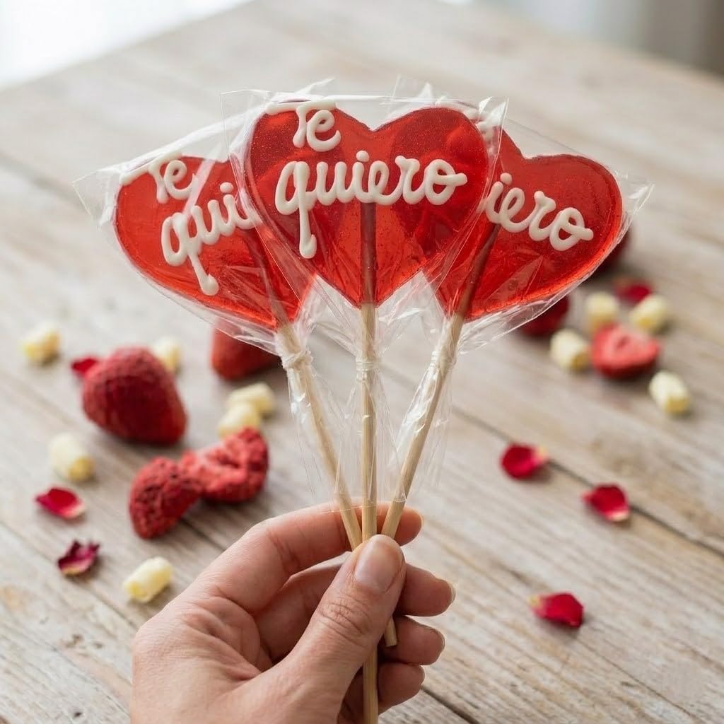 iChuches - Piruleta Corazón "Te Quiero" 55gr - Caramelo Rojo con Mensaje Romántico - Dulce Regalo para San Valentín, Aniversario o Detalle Especial Pareja - 12 Unidades, 660 Gramos