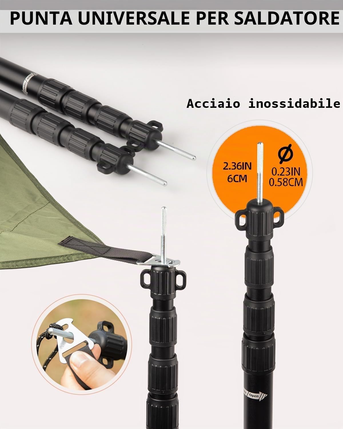Set di 4 pali telescopici in alluminio aeronautico con cappuccio di protezione, resistenti al vento, pieghevoli, set di 4 per teloni, tettoie, tende da sole, escursioni