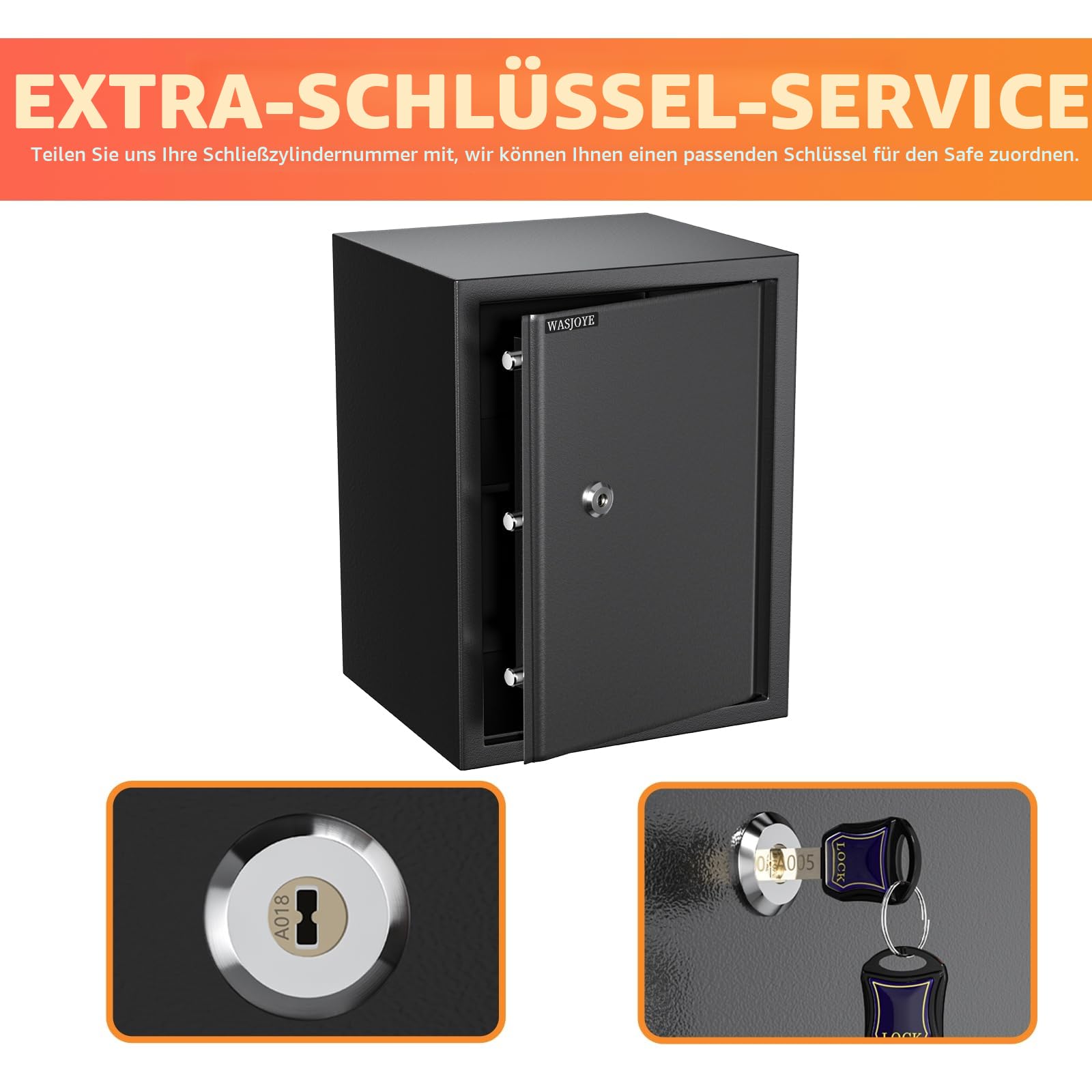 Safe Tresor mit Schlüssel, WASJOYE Möbeltresor mit Schlüssel-Schloss für Zuhause/Büro, 49L Groß Wandtresor mit 2 Schlüssels für Geld Schmuck Medikamente und Dokumentieren, (45 * 35 * 31cm)