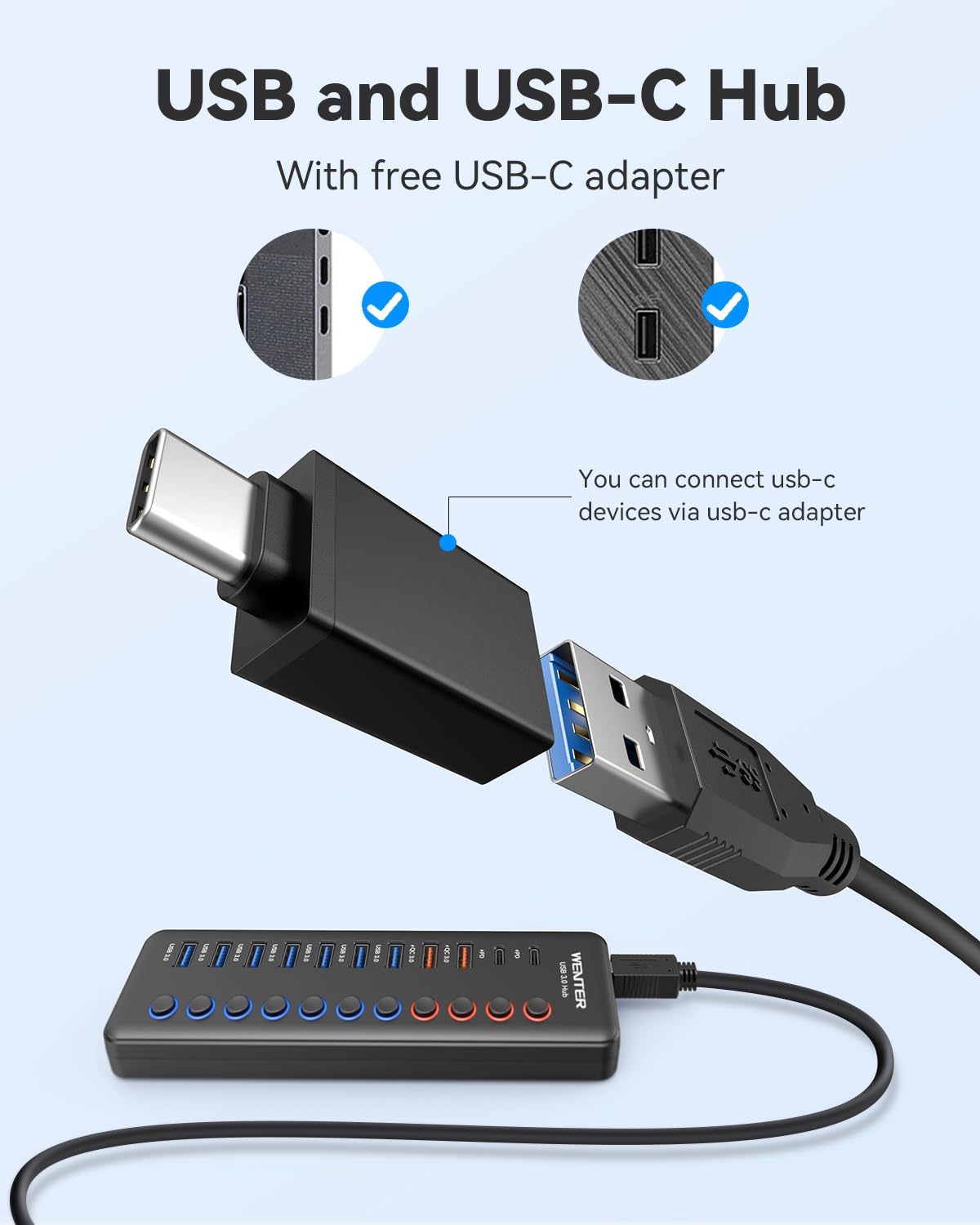 Hub USB 3.0 con alimentazione, hub USB da 48 W con 11 porte (7 porte di trasferimento dati più veloci + 4 porte di ricarica QC) con interruttori LED