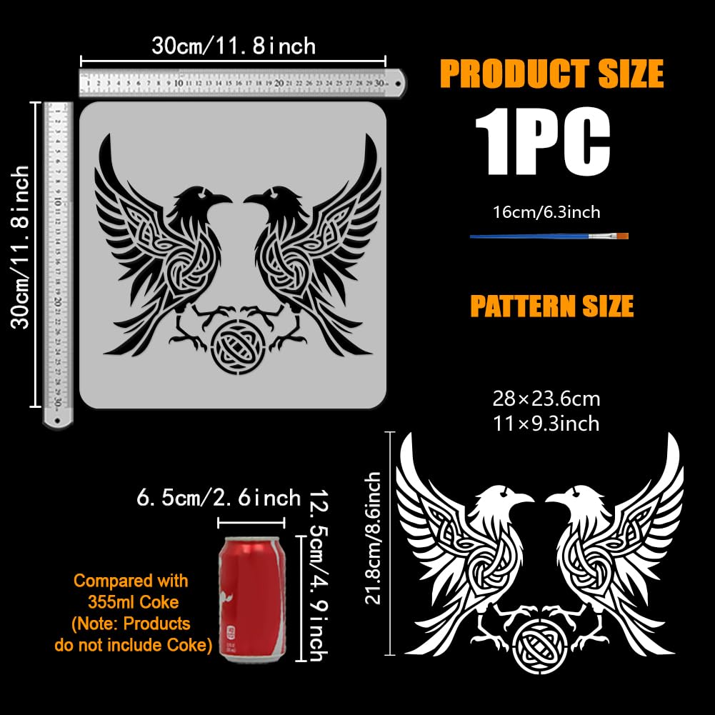 FINGERINSPIRE Stencil con Nodo Celtico di Corvo con Pennello Da 30x30cm Due Stencil per Pittura A Forma di Corvo Stencil con Motivo di Uccelli Stencil con Disegno di Taccola Moo con Temi