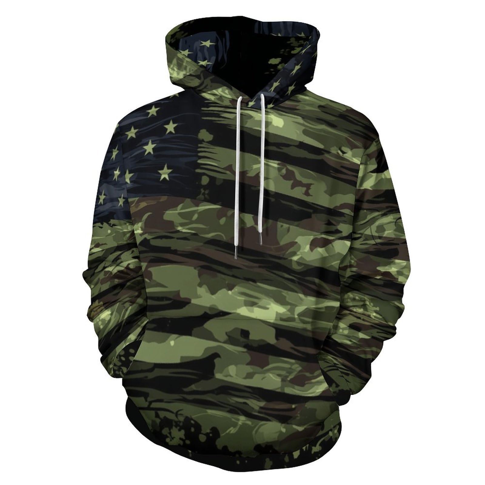 Sweat à capuche manches longues imprimé camouflage militaire et rayures rétro vert - 8