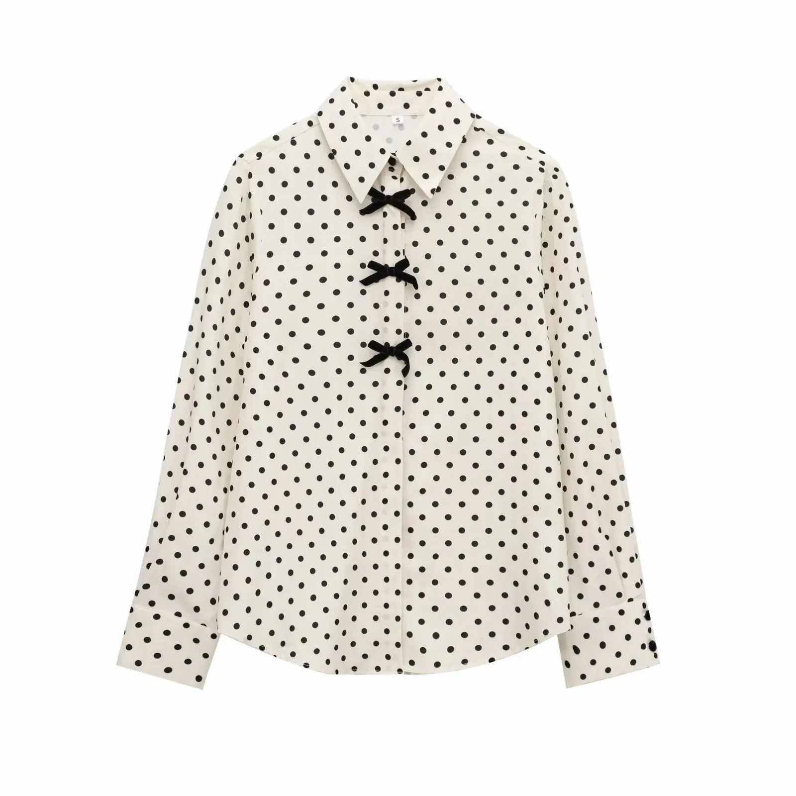 Camicie A Pois da Donna Camicia Elegante con Fiocco da Donna, con Risvolto e Bottoni, a Pois, alla Moda, Semplice e Dolce, for la Primavera e L'Estate.