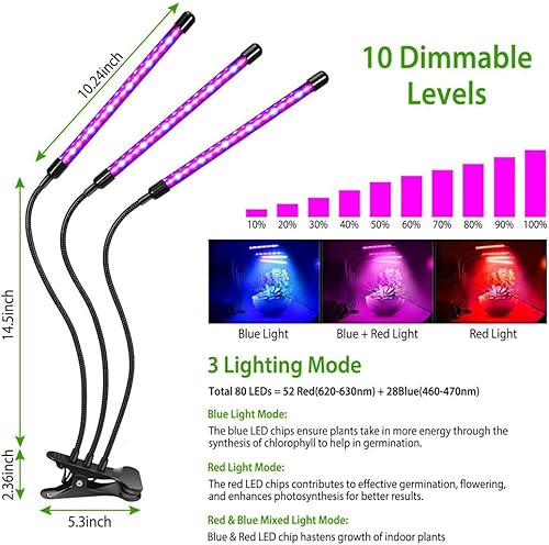 Miniatura 4 de Luz LED de crecimiento, 3 cabezales, luz de espectro completo con abrazadera para plantas de interior y arranque de semillas, regulable de 10