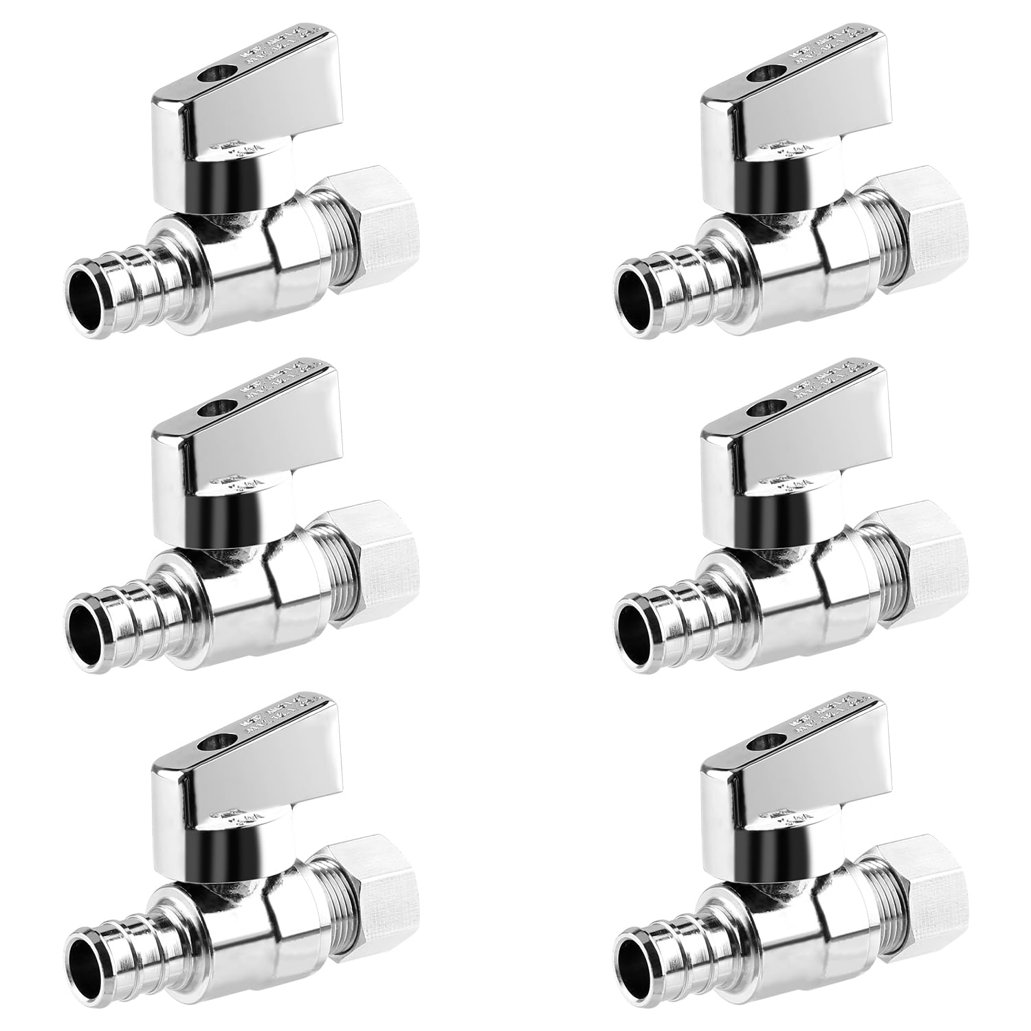 Válvula de parada recta de 1/4 de giro, crimpado de 1/2 pulgada Pex F1807 x 3/8 pulgadas OD compresión para inodoros y grifos, latón chapado en níquel sin plomo (paquete de 6)