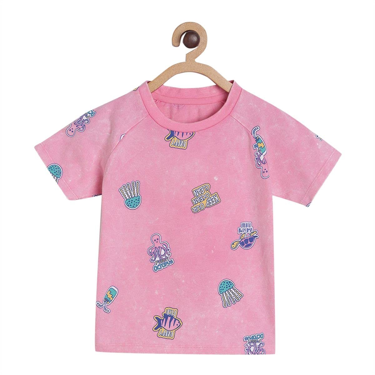 Mini Klub Baby Round Neck Raglan Sleeve Knitted Cotton T-Shirt (Pink Color)