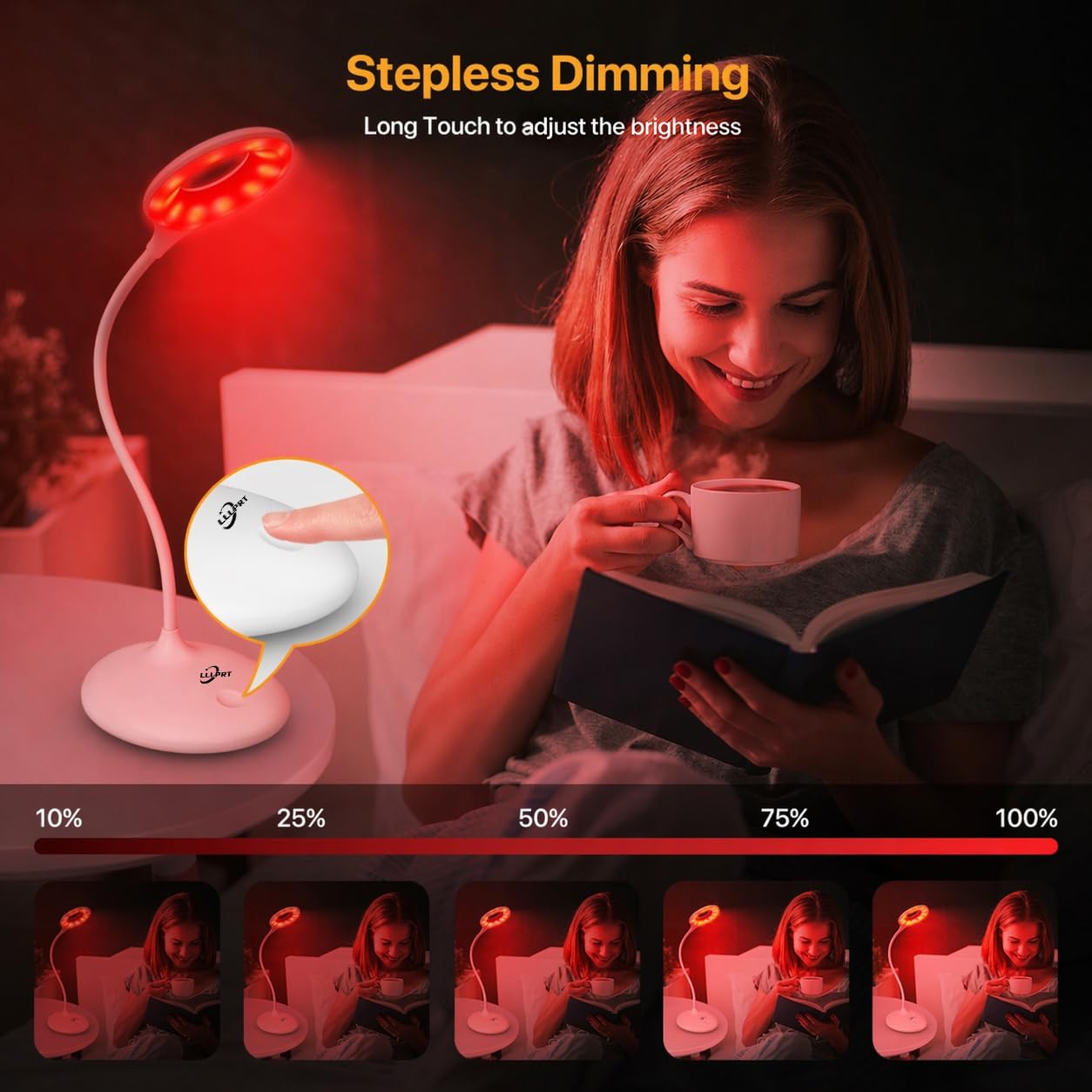 Lámpara de escritorio recargable, 3 modos de color con terapia de luz roja y protección ocular, luz naranja, control táctil de atenuación continua, sin luz azul, lámpara de lectura inalámbrica