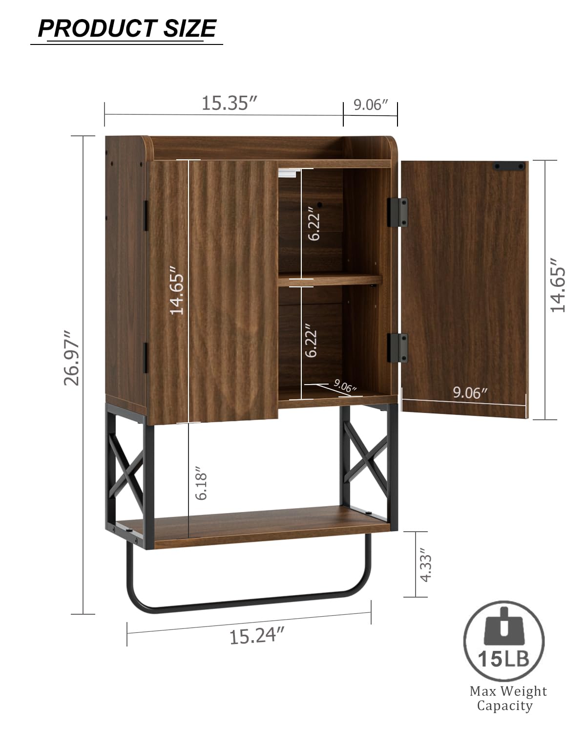 Masupu Bathroom Cabinet Wall Mounted, Wooden Medicine Cupboard with Adjustable Shelves, Space-Saving Wall Storage Unit for Bathroom, Kitchen and Living Room (9" D x 15.35" W x 27.16" H,Modern Walnut)