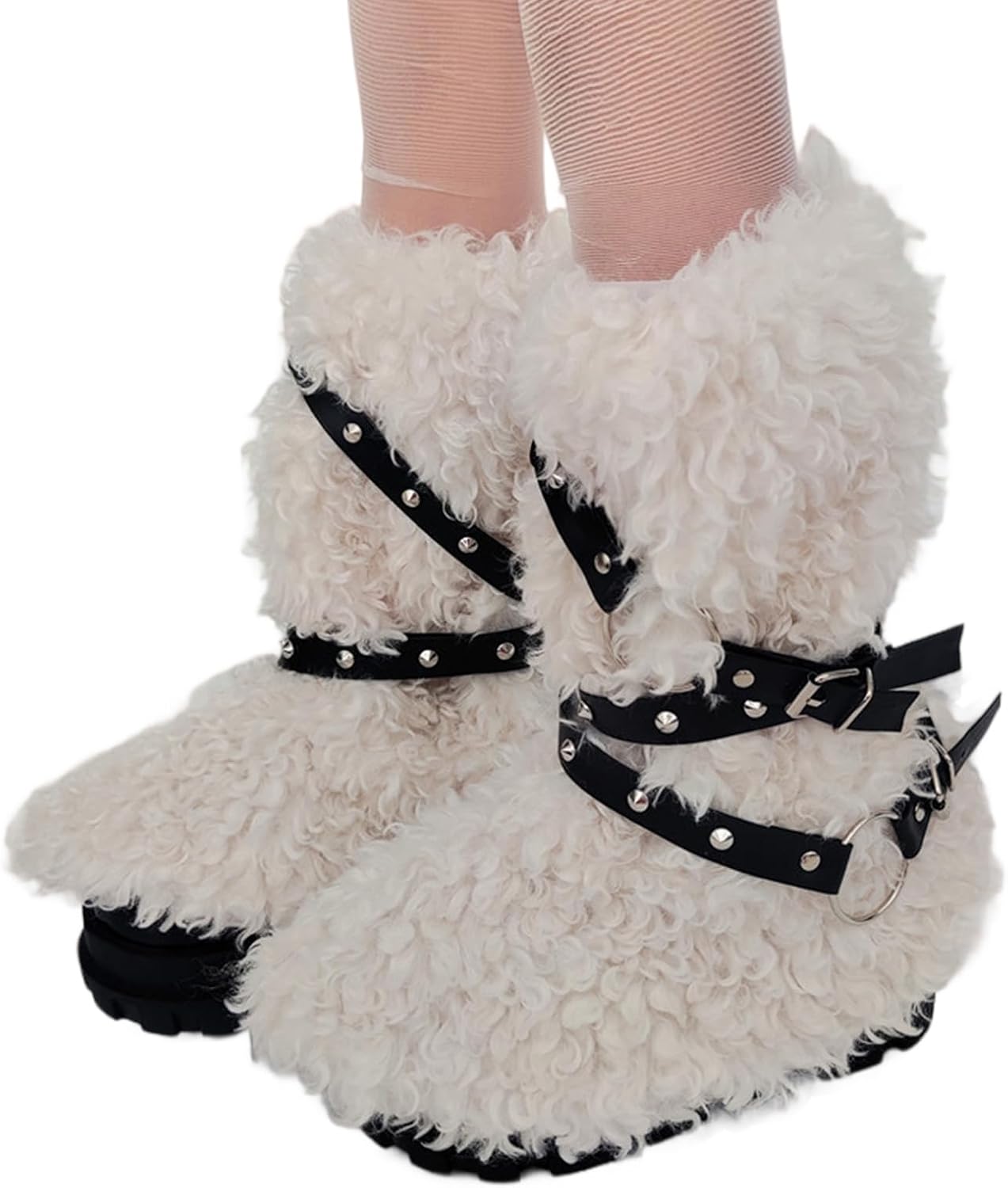 Faux Furs Leg Warmers for Women Punk Rivets Leg Harness Fuzzy Plush Snow Boot Covers Socks for Parties and Casual