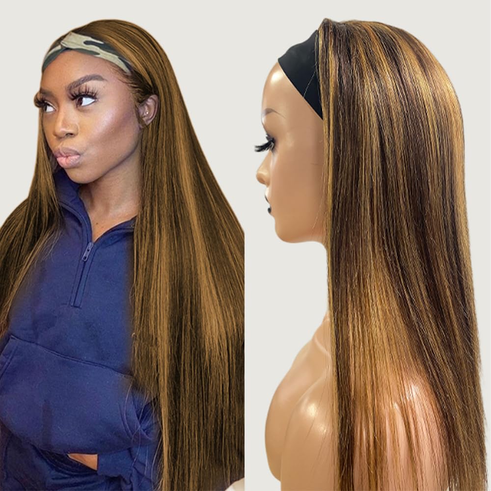 TNICE Ombre Headband Wig Human Hair Straight 18 Inch 4/27 Highlight Headband Wigs for Black Women Glueless None Lace Front Blonde Human Hair Headband