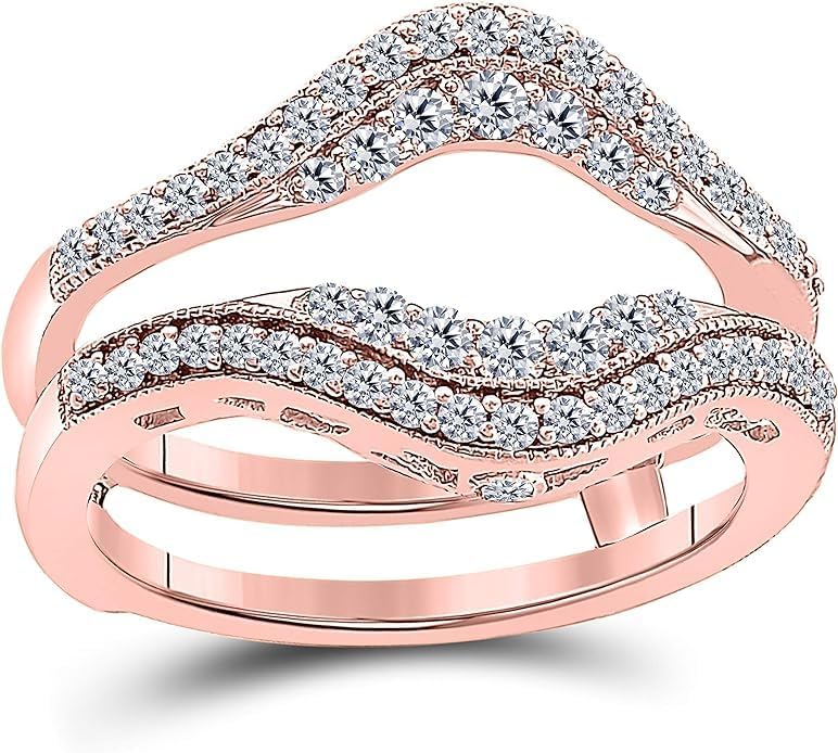 Created Real 925 Sterling Silver 14K Gold Finish Round Cut White Diamond Double Row Pave Set Classic Style Halo Enhancer Guard Ring Engagement Gift For Women