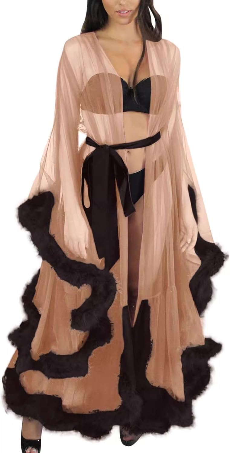 Long Fur Tulle Robe for Women, Maternity Lingerie, Sexy Robe for Maternity Photoshoot