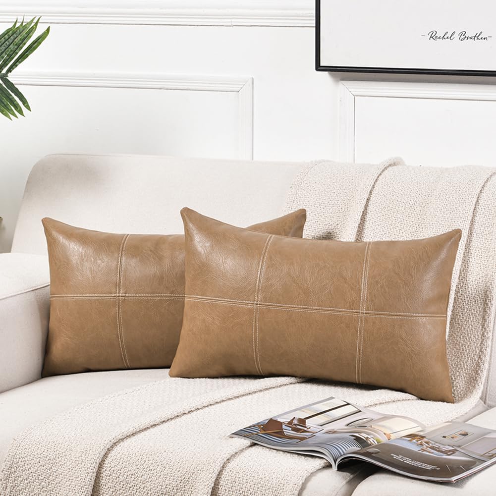 Fancy Homi 2 Packs Tan Lumbar Waterproof Faux Leather Decorative Throw Pillow Covers 12x20 Inch for Couch Bed, Taupe Farmhouse Boho Home Decor, Beige Plaid Hand Stitched Cushion Case 30x50 cm