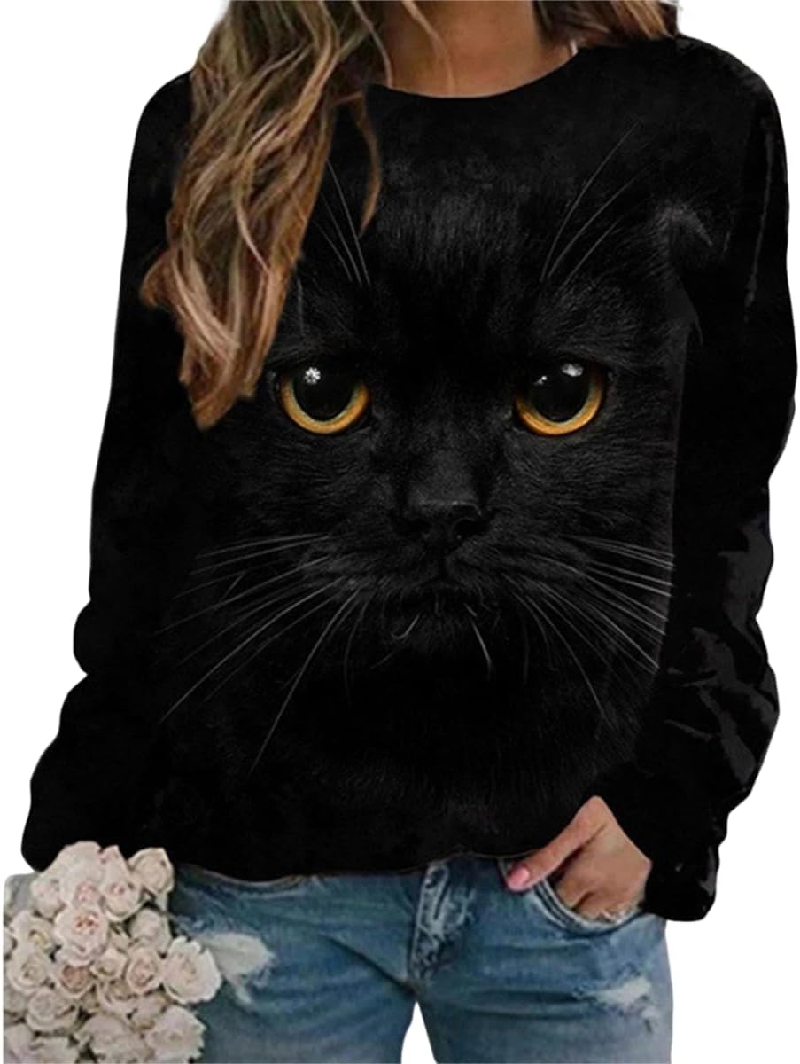 IVERIRMIN Women's 3D Cute Cat Print Sweatshirt Casual Long Sleeve Crewneck Cute Cat Pullover Loose Fit Shirts