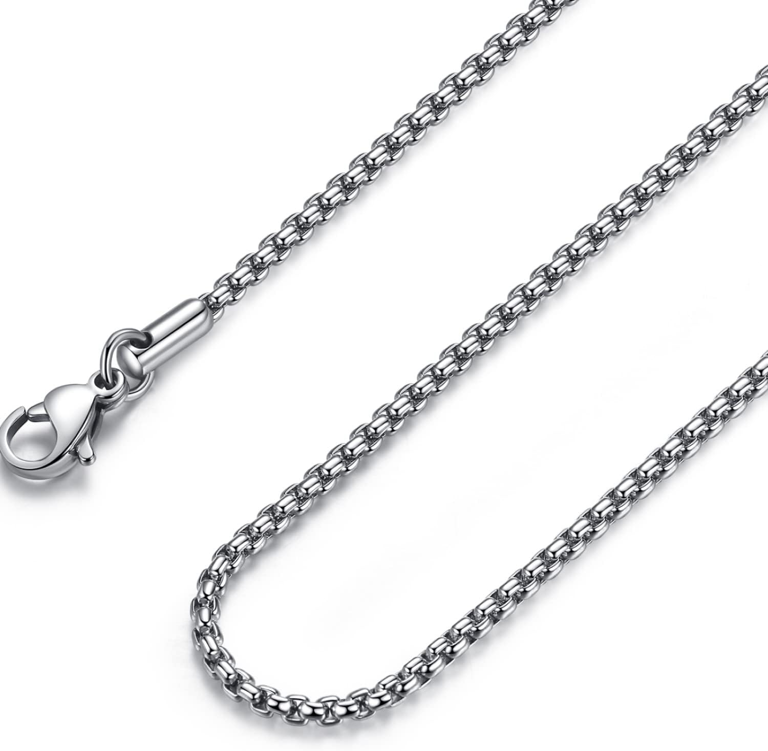 Mens Chain Necklaces, Stainless Steel Rolo Chain Necklace for Men and Women, Silver Tone Box Chains for Men, Wide 2/3/4/5mm