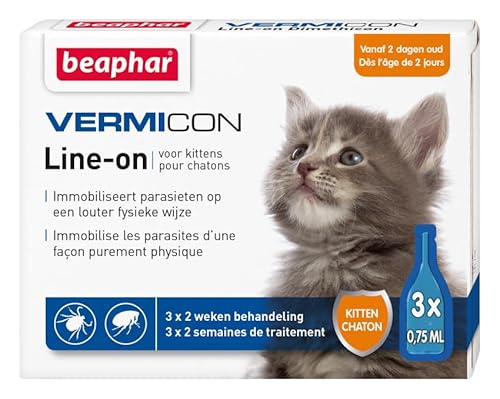 BEAPHAR - VERMICON Line-On Kitten - Vanaf 2 Dagen - Immobiliseert Vlooien En Teken Op Een Louter Fysieke Wijze - Op Basis Van Dimethicon - Preventieve Werking Van Max 2 Weken - 3 Pipetten Van 0,75ml