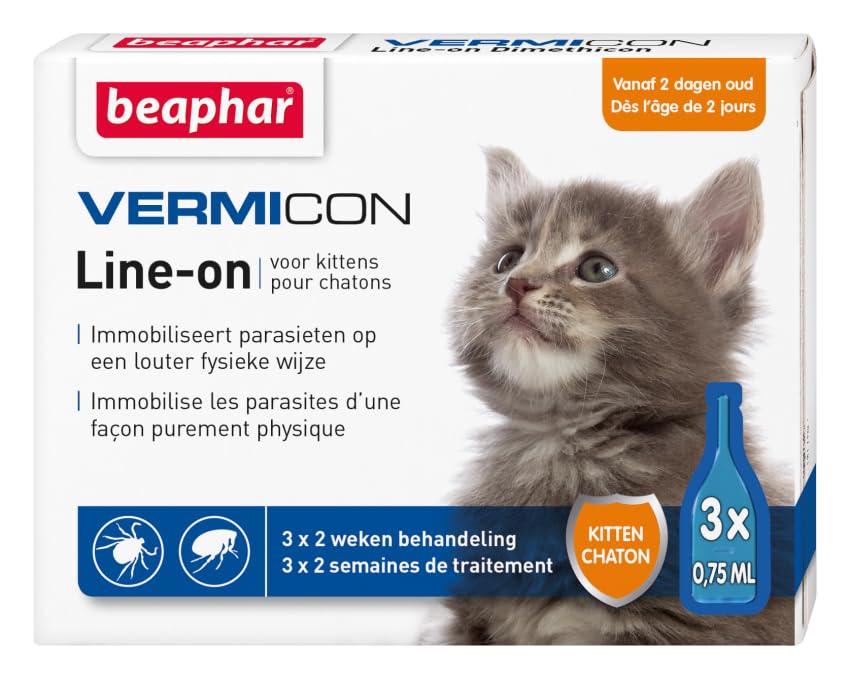 BEAPHAR - VERMICON Line-on Kitten - Vanaf 2 Dagen - Immobiliseert Vlooien en Teken OP Een Louter Fysieke Wijze - OP Basis Van Dimethicon - Preventieve Werking Van Max 2 Weken - 3 Pipetten Van 0,75ml